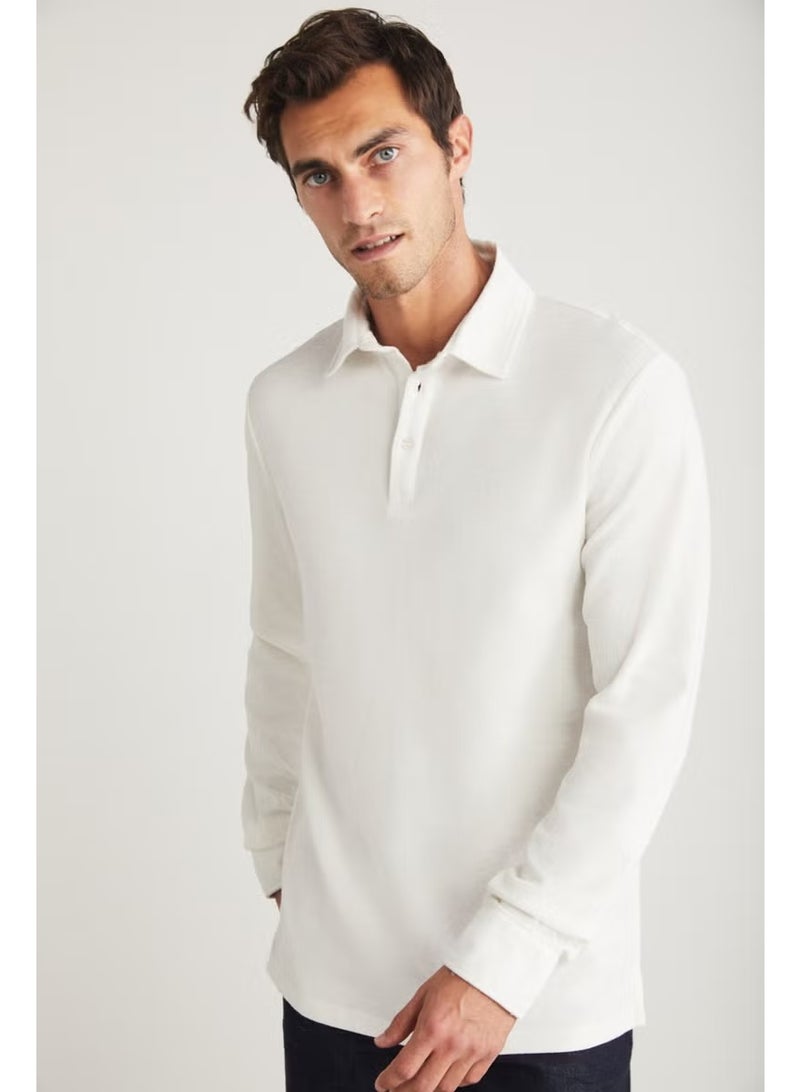 GRIMELANGE Tremont Men's Slim Fit Textured Fabric Long Sleeve Ecru Polo Neck T-Shirt - Image 3